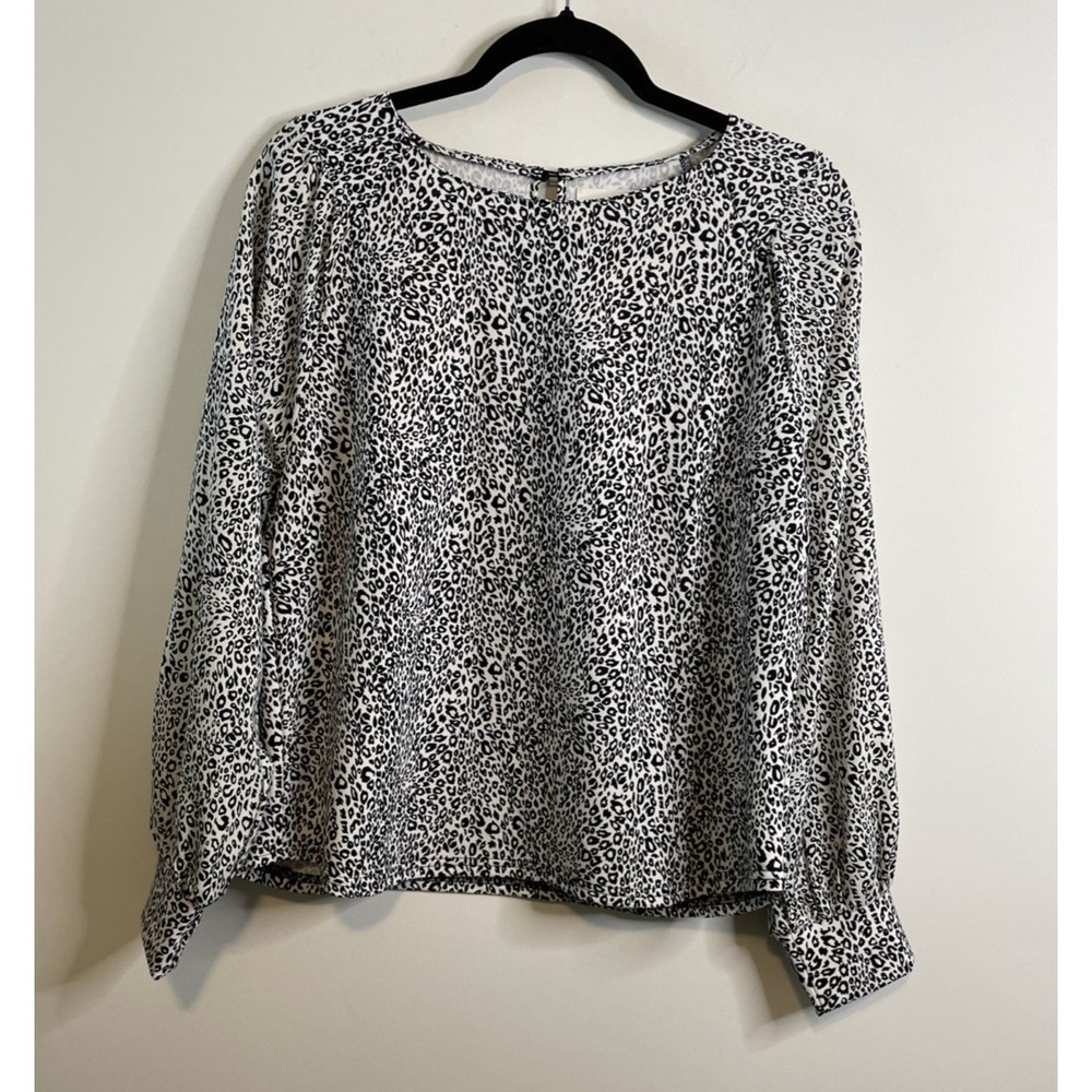 Melloday Medium Black White Leopard Print Blouse Long Sleeve Animal Top